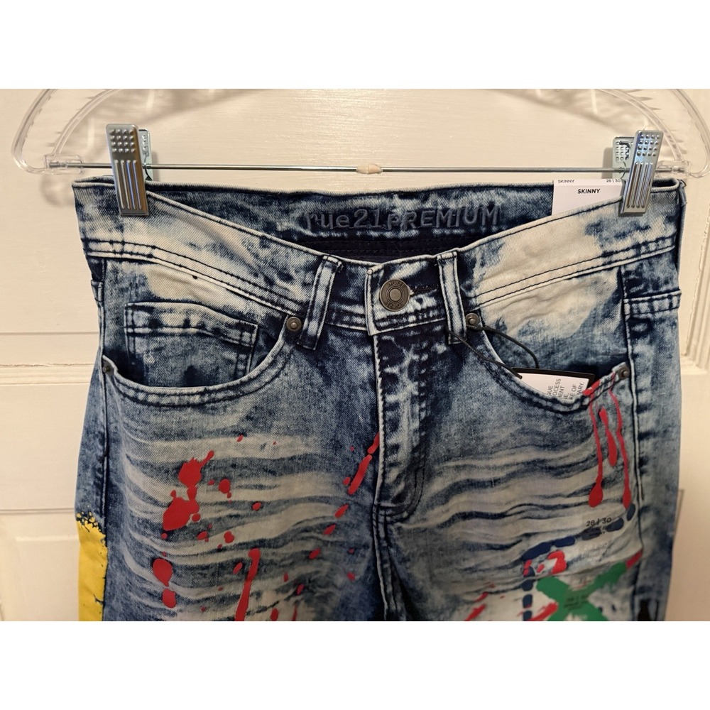 Rue21 Premium Skinny Acid Wash Graphic Jeans Blue Multicolor Denim grunge 36x32 - Picture 6 of 6